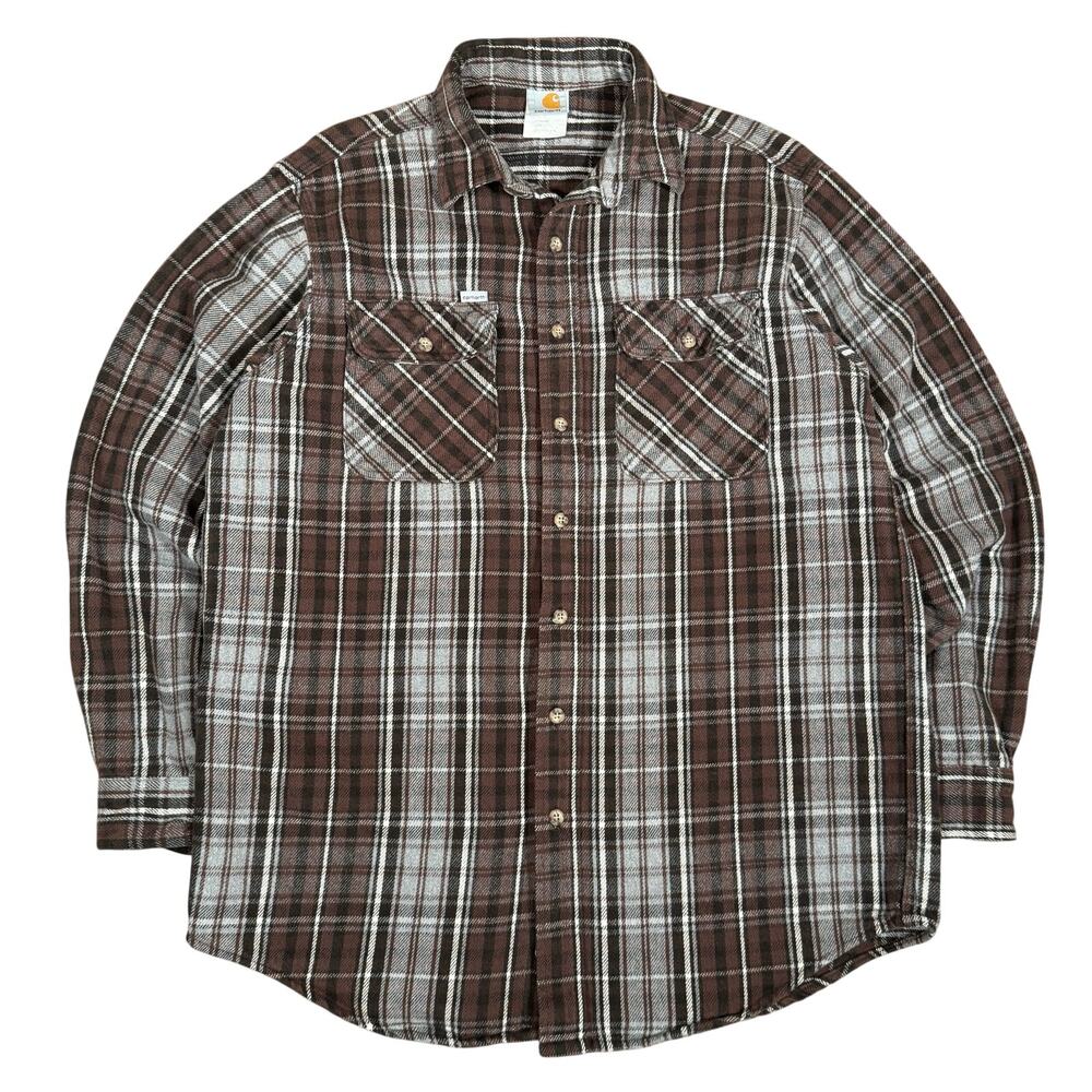 Vintage Carhartt 90s Plaid Flannel Button Up Shirt Brown Work Heavy Cotton Large